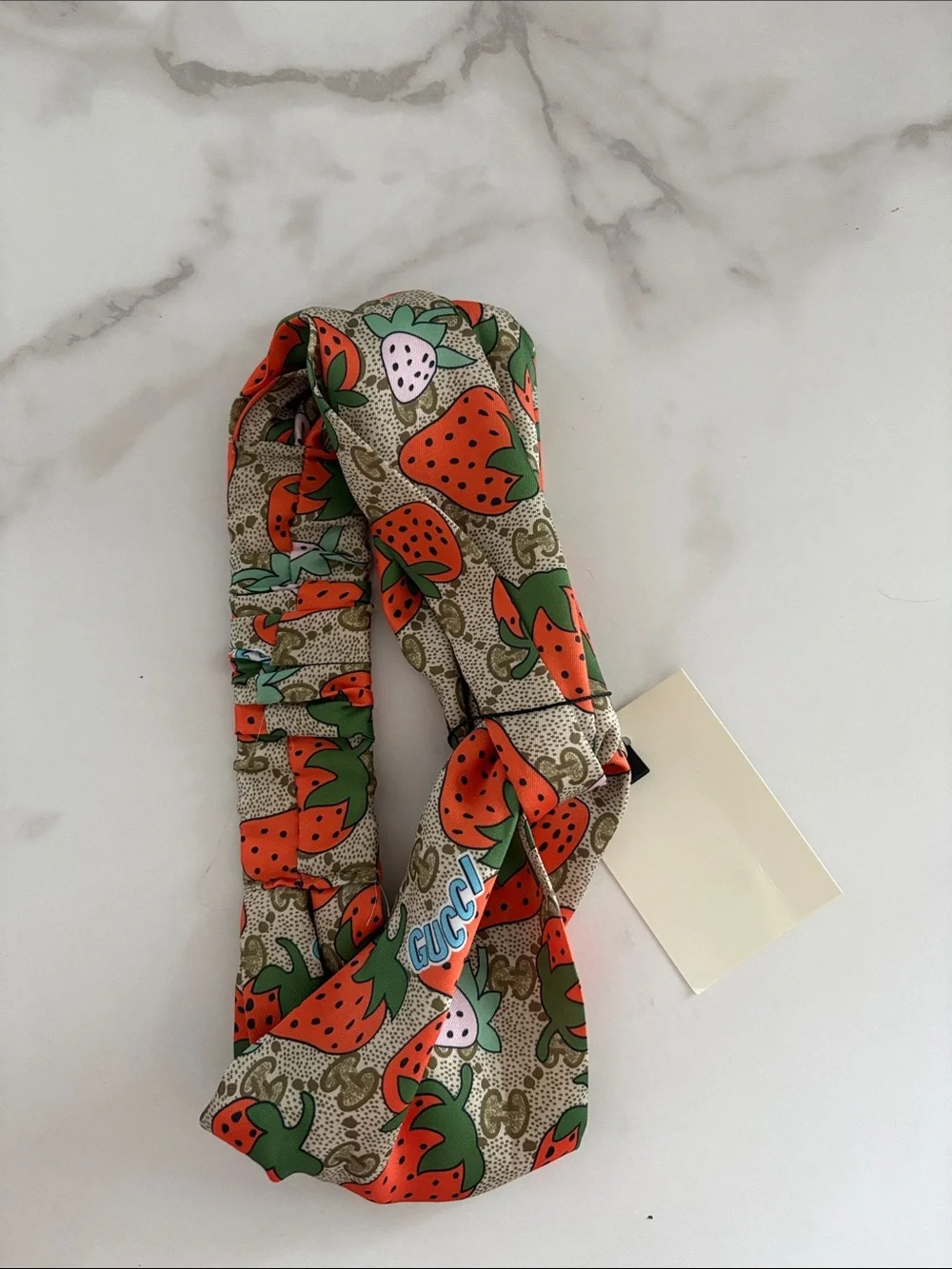 Strawberry Print Headband - orange & Green on Beige